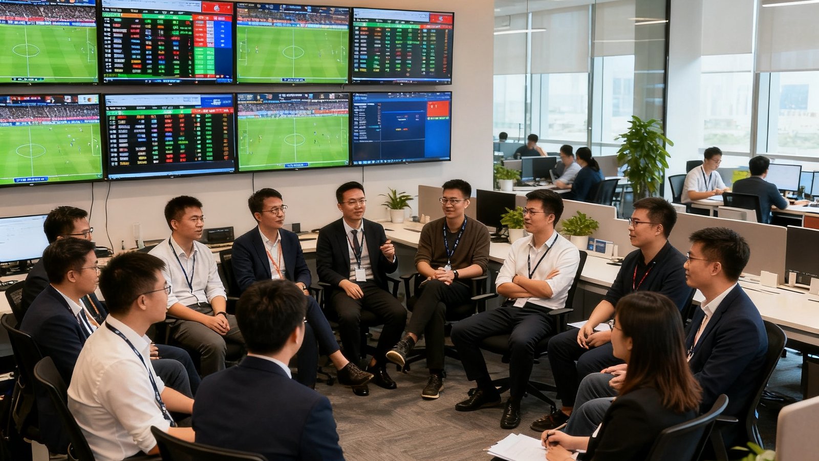 JJB竞技宝深圳总部团队合影，四十余位员工在开放式办公室中围坐讨论，墙上挂着多块赛事数据监控屏幕，展示着各联赛实时战况